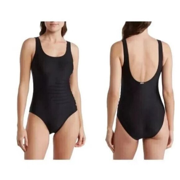 Calvin Klein Scoop Back Pleated One PC Swimsuit Women's Size 10 Black Shimmer - Picture 2 of 2